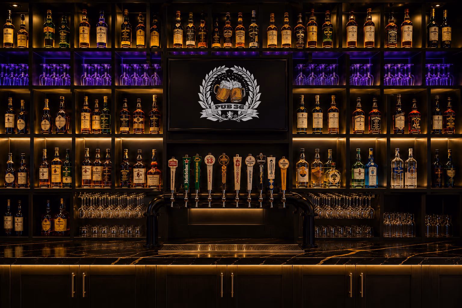 The whisky wall glowing behind the marble bar at Pub 36, Pub 36 crest on the TV