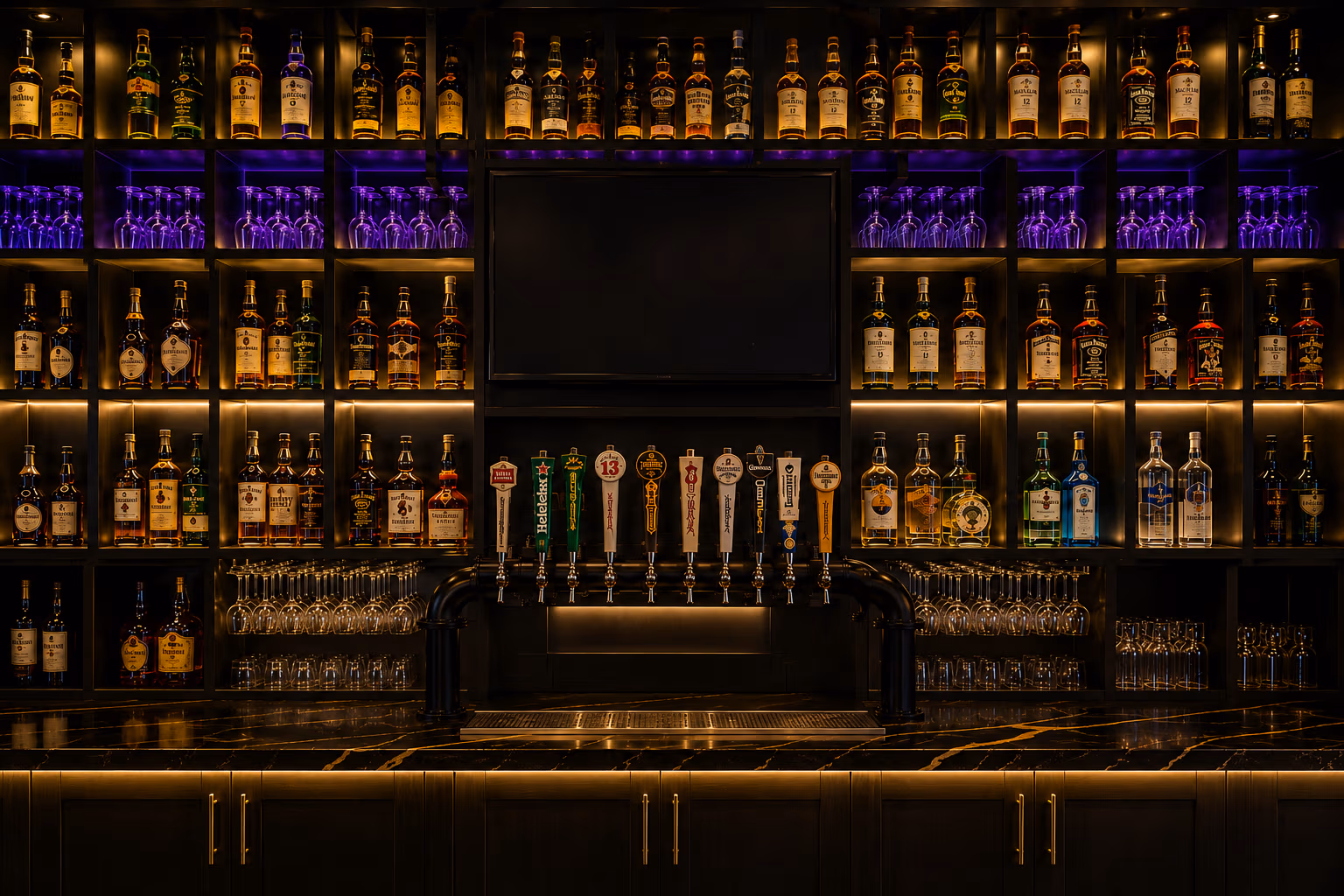 The whisky wall and marble bar inside Pub 36 on Hess